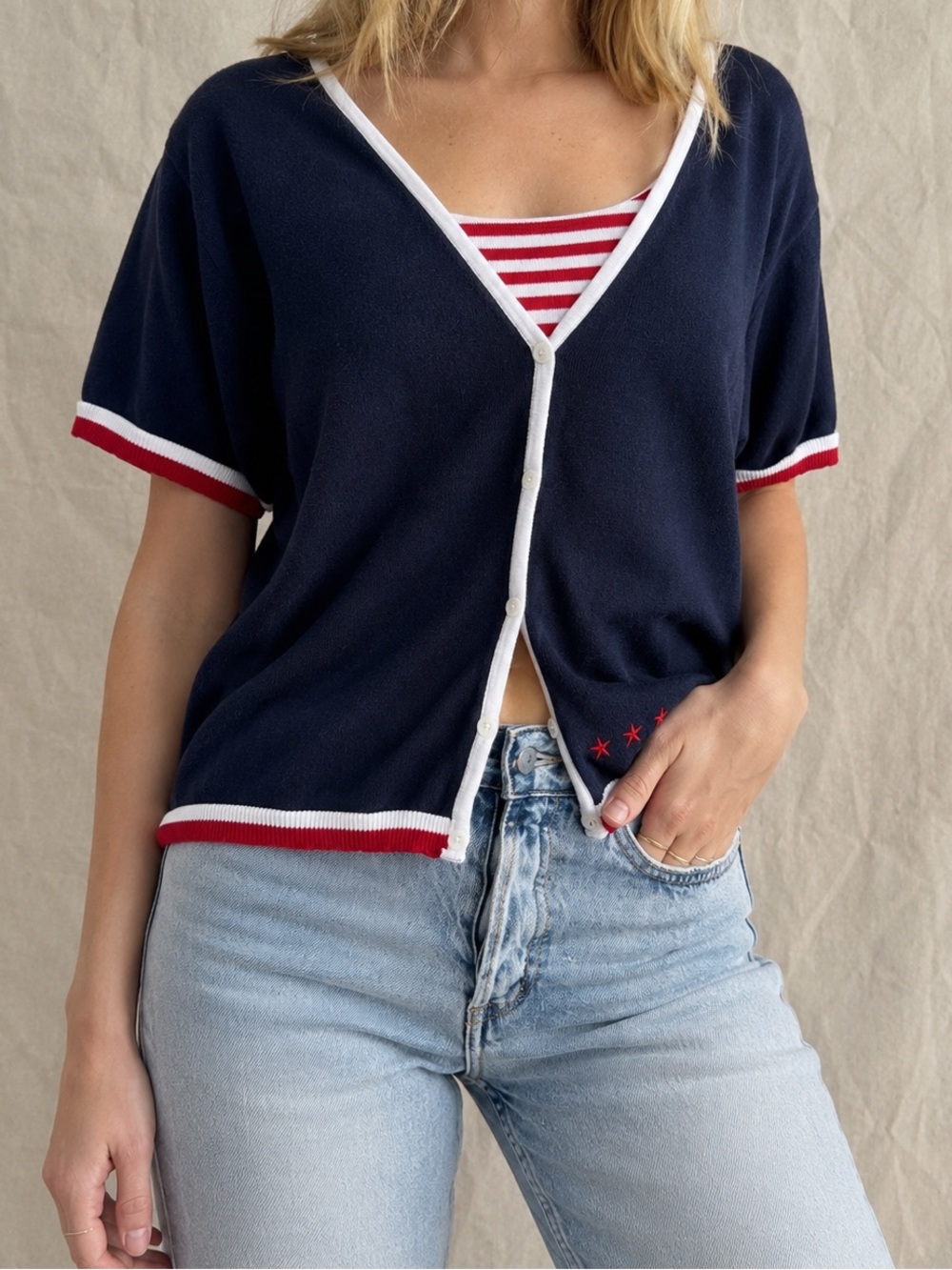 Vintage Patriotic Button Down Sweater Top 🇺🇸 Nautical Knit Red White Blue